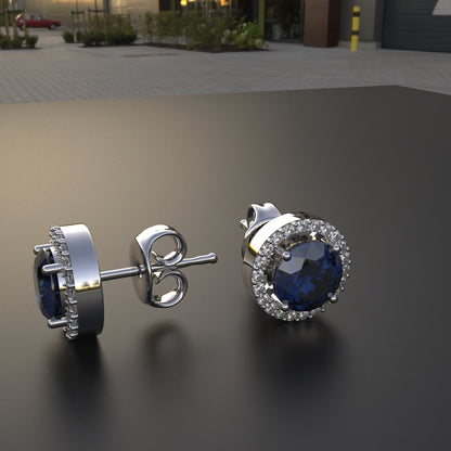 Avarta Sterling Silver Halo Blue Sapphire Solitaire Stud Earrings For Girls &amp; Women