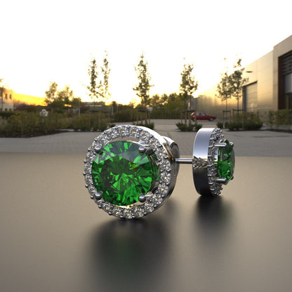 Avarta Sterling Silver Halo Emerald Green Solitaire Stud Earrings For Girls &amp; Women