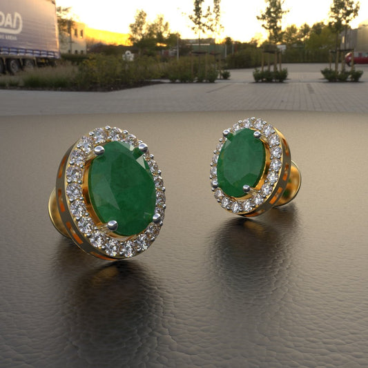 Avarta Sterling Silver Certified 0.70 Carat Each Emerald Halo Stud Earrings With Gold Polish