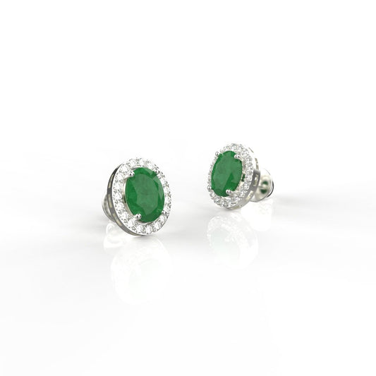 Avarta Sterling Silver Certified 0.70 Carat Each Emerald Halo Stud Earrings