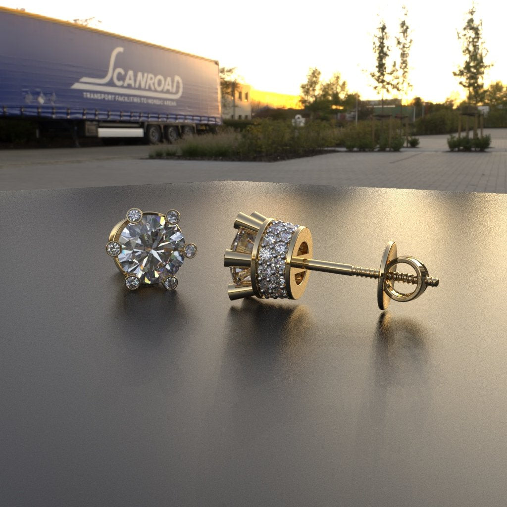 Avarta Sterling Silver Solitaire 1 Carat Designer Stud Earrings With Gold Polish for Girls &amp; Women