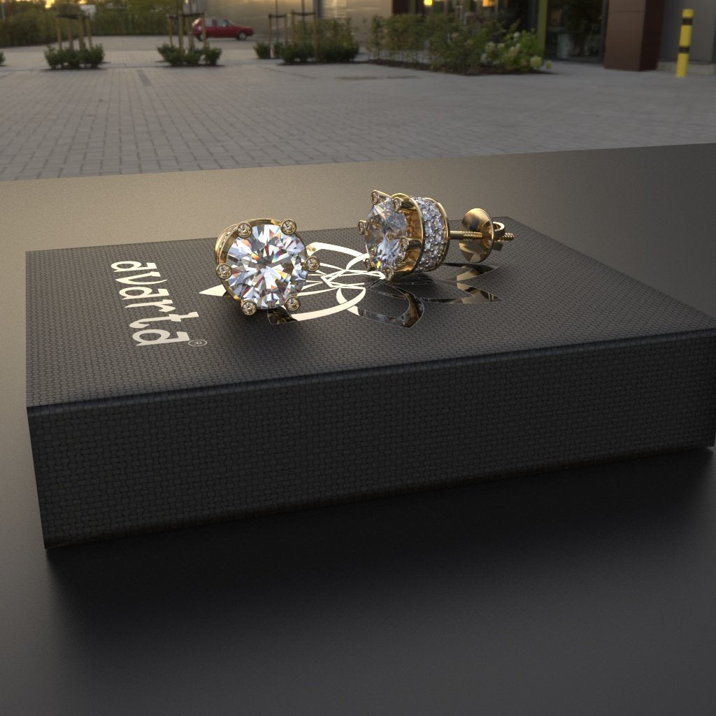 Avarta Sterling Silver 2 Carat Each Solitaire Designer Stud Earrings With Gold Polish for Girls &amp; Women