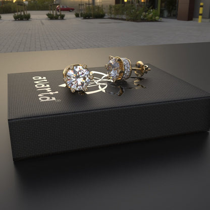Avarta Sterling Silver 2 Carat Each Solitaire Designer Stud Earrings With Gold Polish for Girls &amp; Women