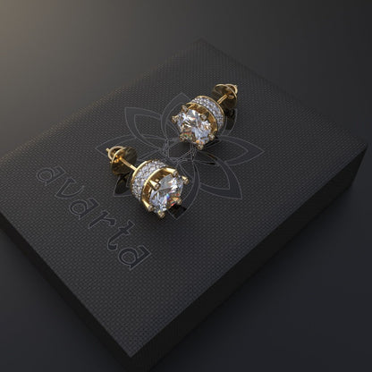 Avarta Sterling Silver 2 Carat Each Solitaire Designer Stud Earrings With Gold Polish for Girls &amp; Women