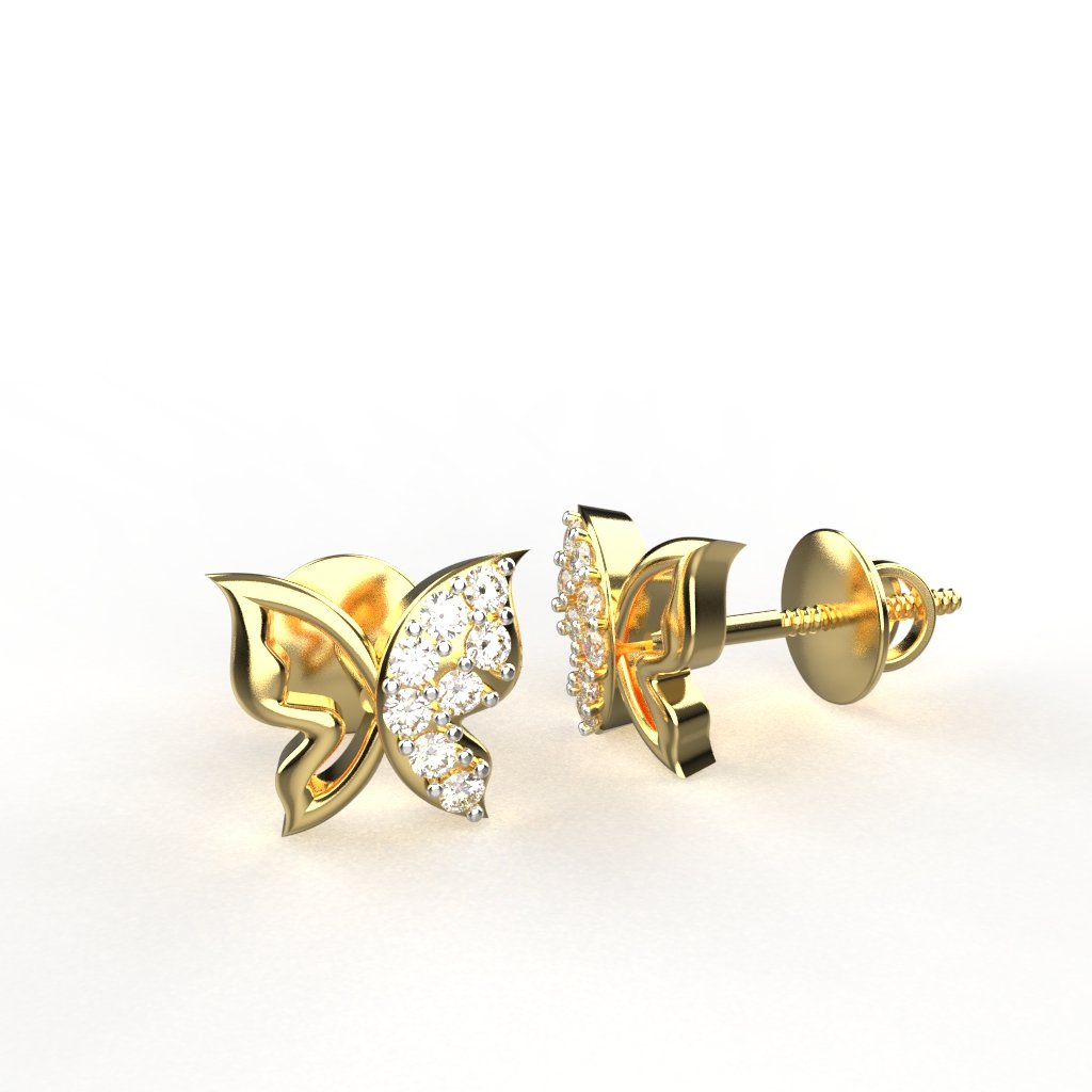 Avarta Jewellery 18K Hallmarked Gold Butterfly Studs Earrings With Certified Diamonds For Kids, Girls &amp; Women