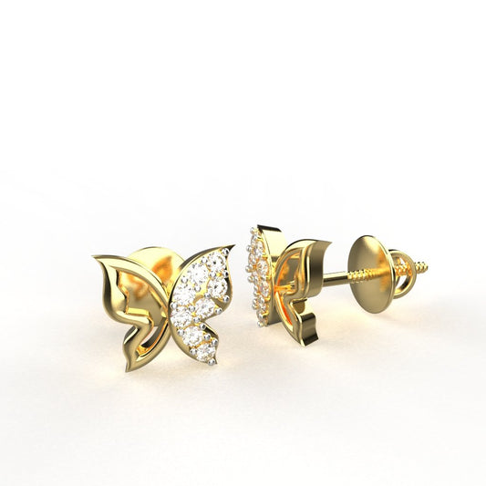 Avarta Jewellery 18K Hallmarked Gold Butterfly Studs Earrings With Certified Diamonds For Kids, Girls &amp; Women