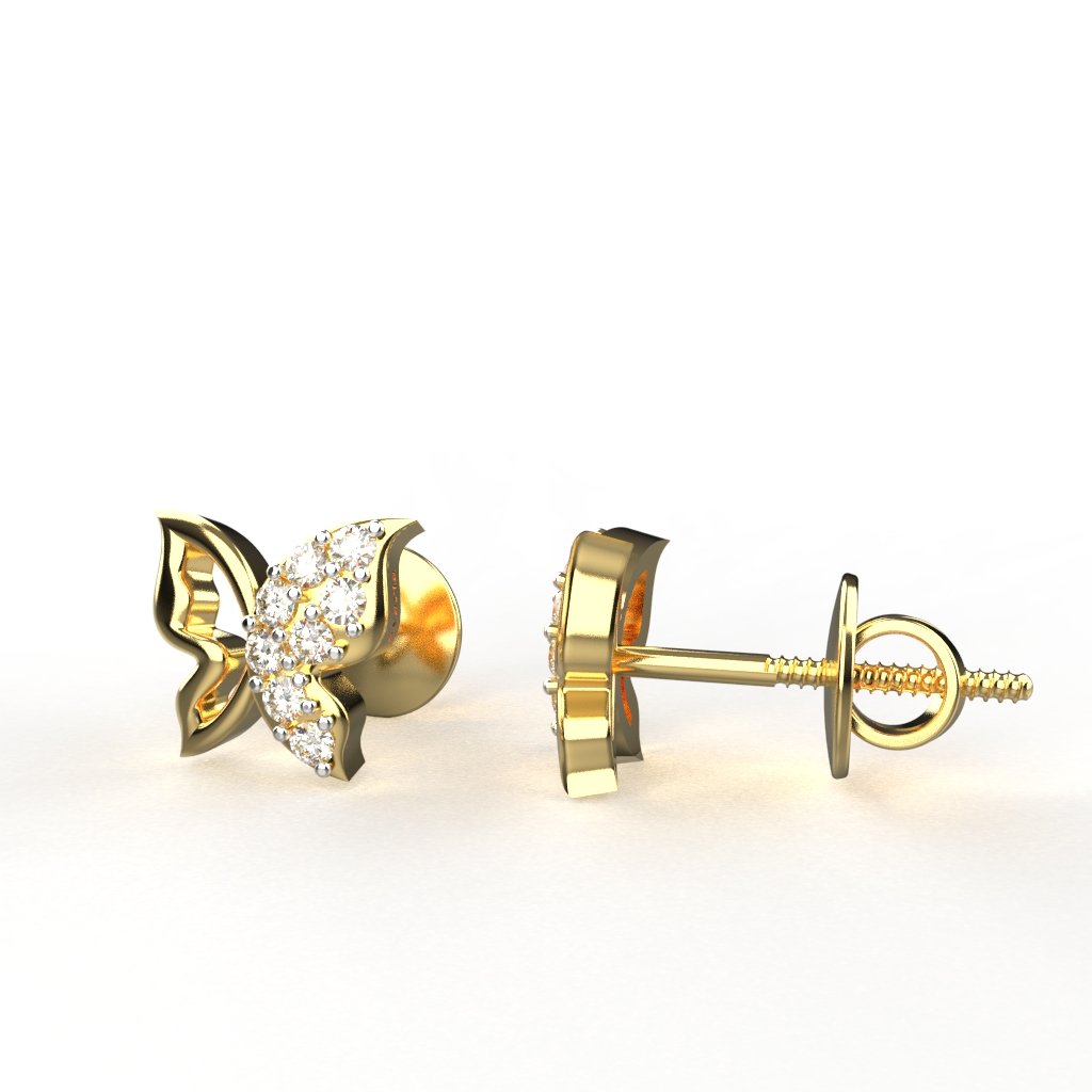 Avarta Jewellery 18K Hallmarked Gold Butterfly Studs Earrings With Certified Diamonds For Kids, Girls &amp; Women