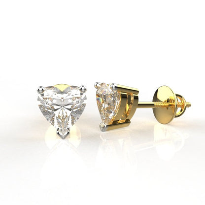 Avarta Jewellery 92.5 Sterling Silver 2 Carat Each Heart Solitaire Stud Earrings With Gold Polish For Girls &amp; Women