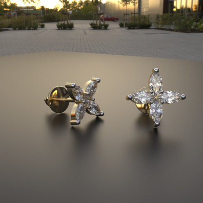 Avarta Jewellery Sterling Silver Marquise Flower Stud Earrings With Gold Polish for Girls &amp; Women