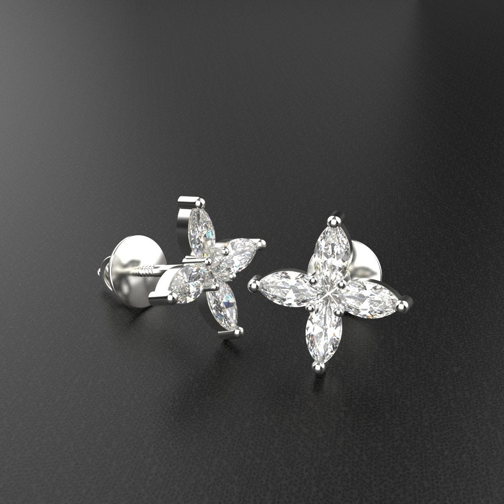 Avarta Jewellery Sterling Silver Marquise Flower Stud Earrings With White Gold Polish for Girls &amp; Women