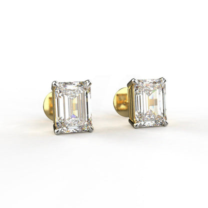 Avarta Sterling Silver 1 Carat Each Emerald Cut Solitaire Stud Earrings With Gold Polish