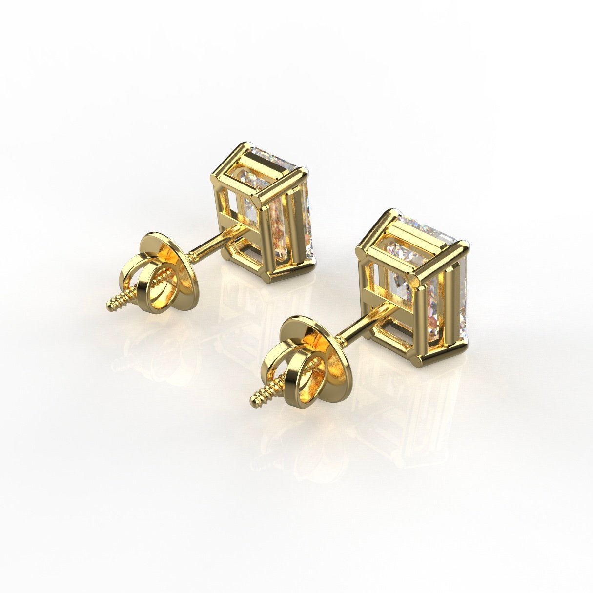 Avarta Sterling Silver 1 Carat Each Emerald Cut Solitaire Stud Earrings With Gold Polish