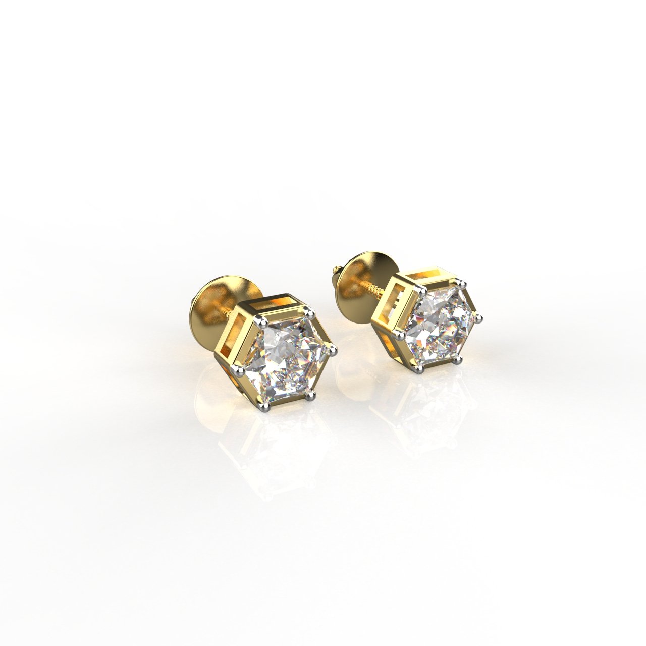 Hexagonal Diamond Solitaire Studs | Gold Over Silver 80 Cents Each Unisex Earrings