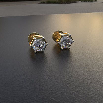 Hexagonal Diamond Solitaire Studs | Gold Over Silver 80 Cents Each Unisex Earrings