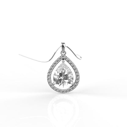 Avarta Sterling Silver Pear Solitaire Halo Pendant With Chain in White Gold Polish
