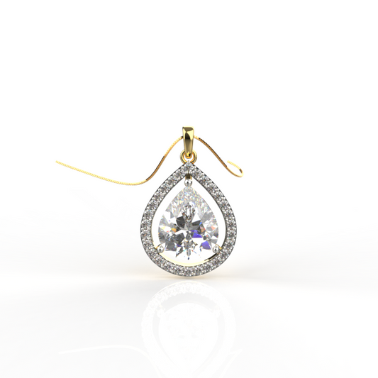 Avarta Sterling Silver Pear Solitaire Halo Pendant With Chain in Gold Polish
