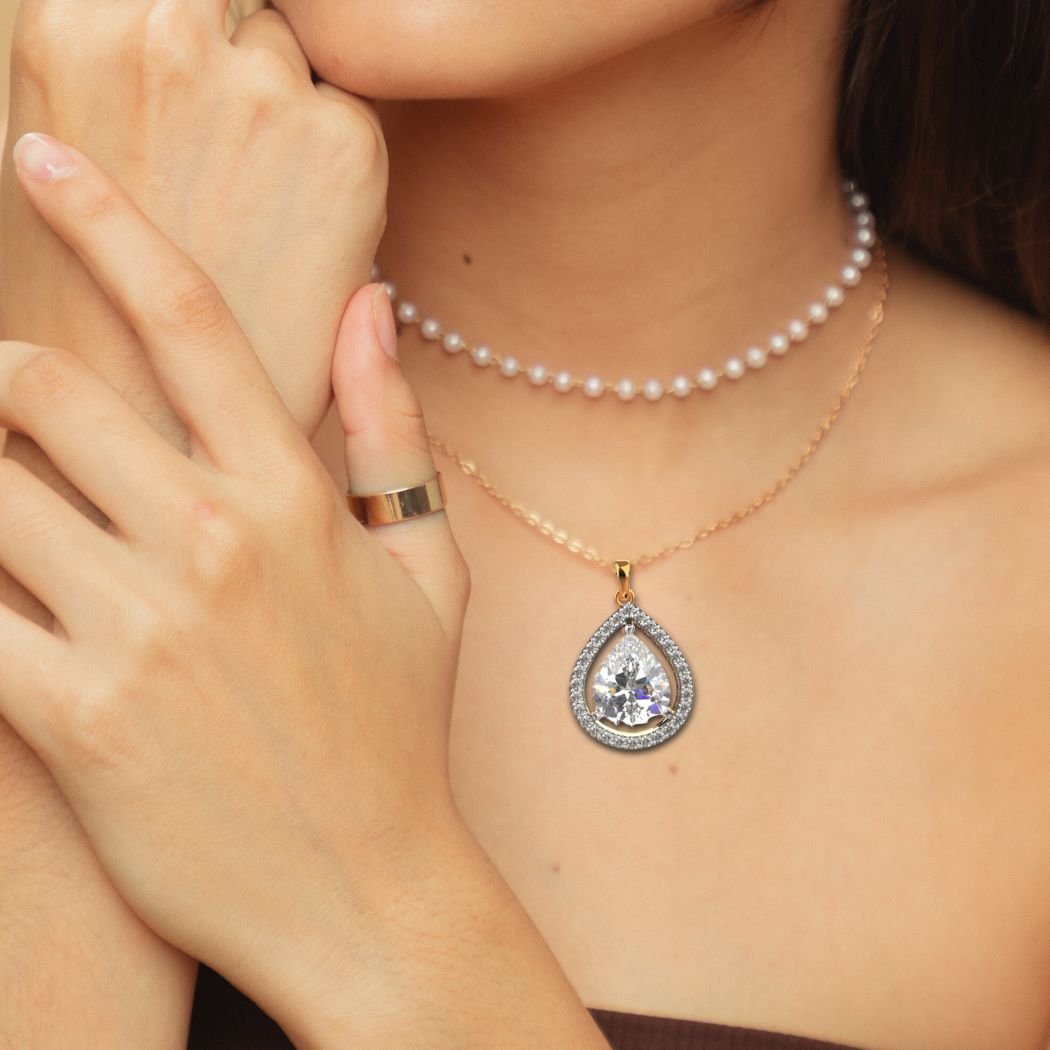 Avarta Sterling Silver Pear Solitaire Halo Pendant With Chain in Gold Polish