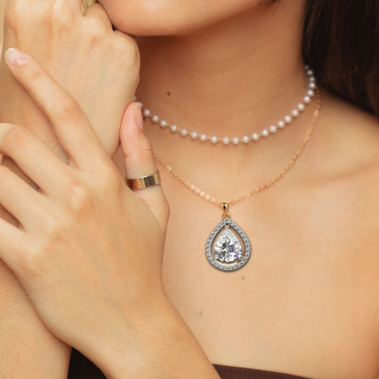 Avarta Sterling Silver Pear Solitaire Halo Pendant With Chain in Gold Polish