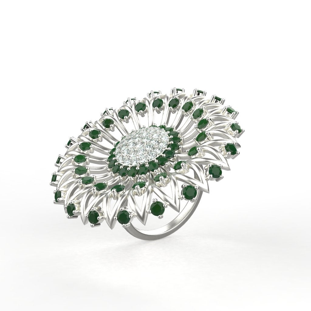 Avarta Jewellery Sterling Silver Ring With Synthetic Emerald &amp; American Diamonds For Girls &amp; Wemen Main image