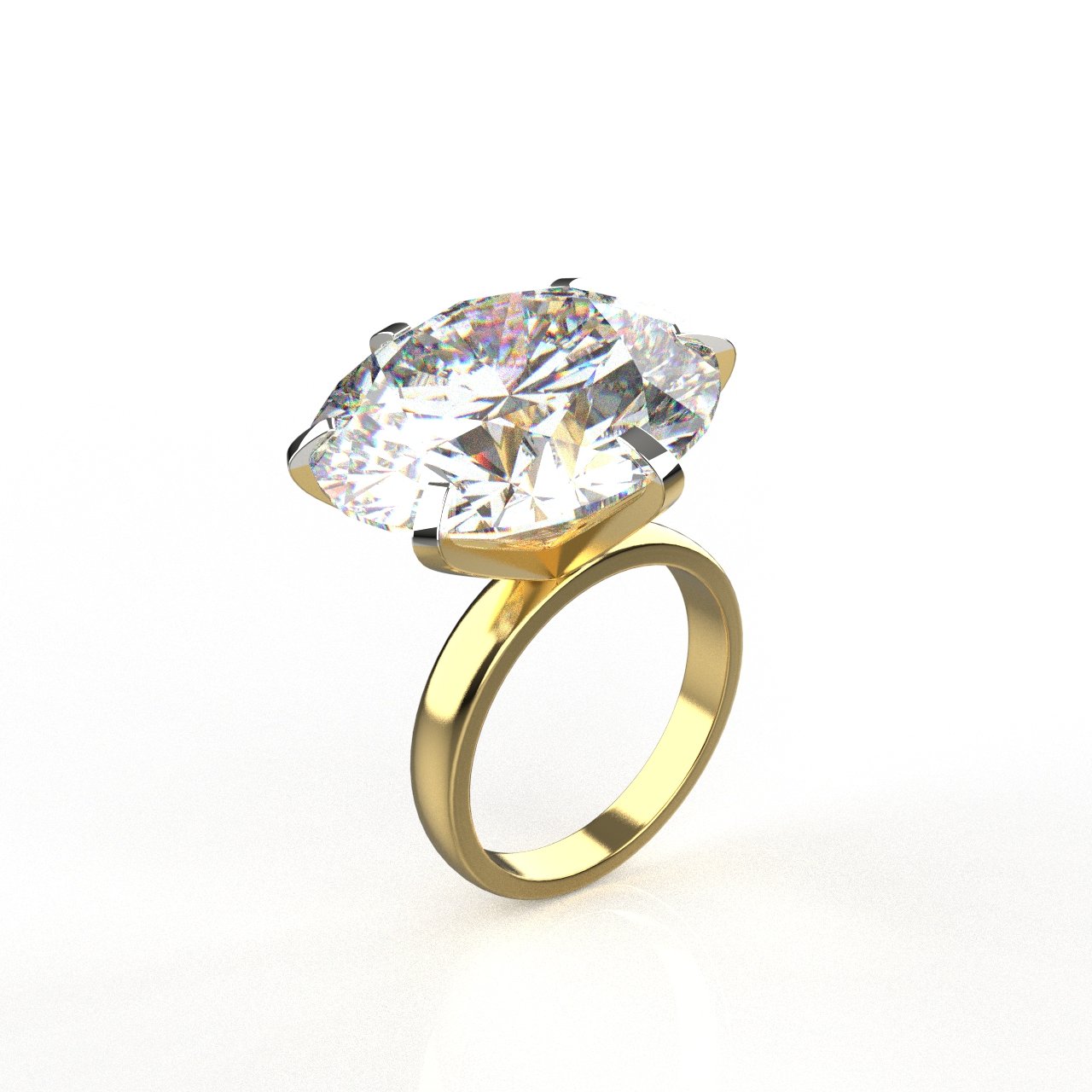Gold ring with a large diamond on a white background