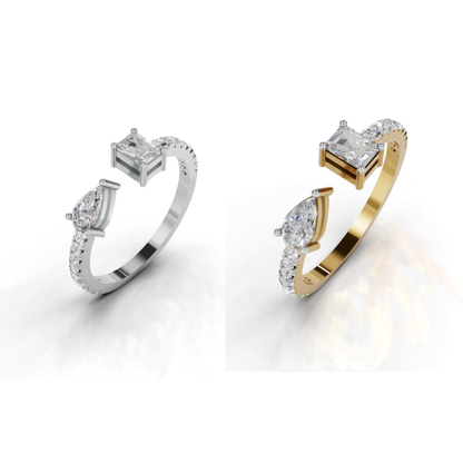 Avarta Sterling Silver Toi-Et-Moi Pear Emerald Cut Moissanite Ring
