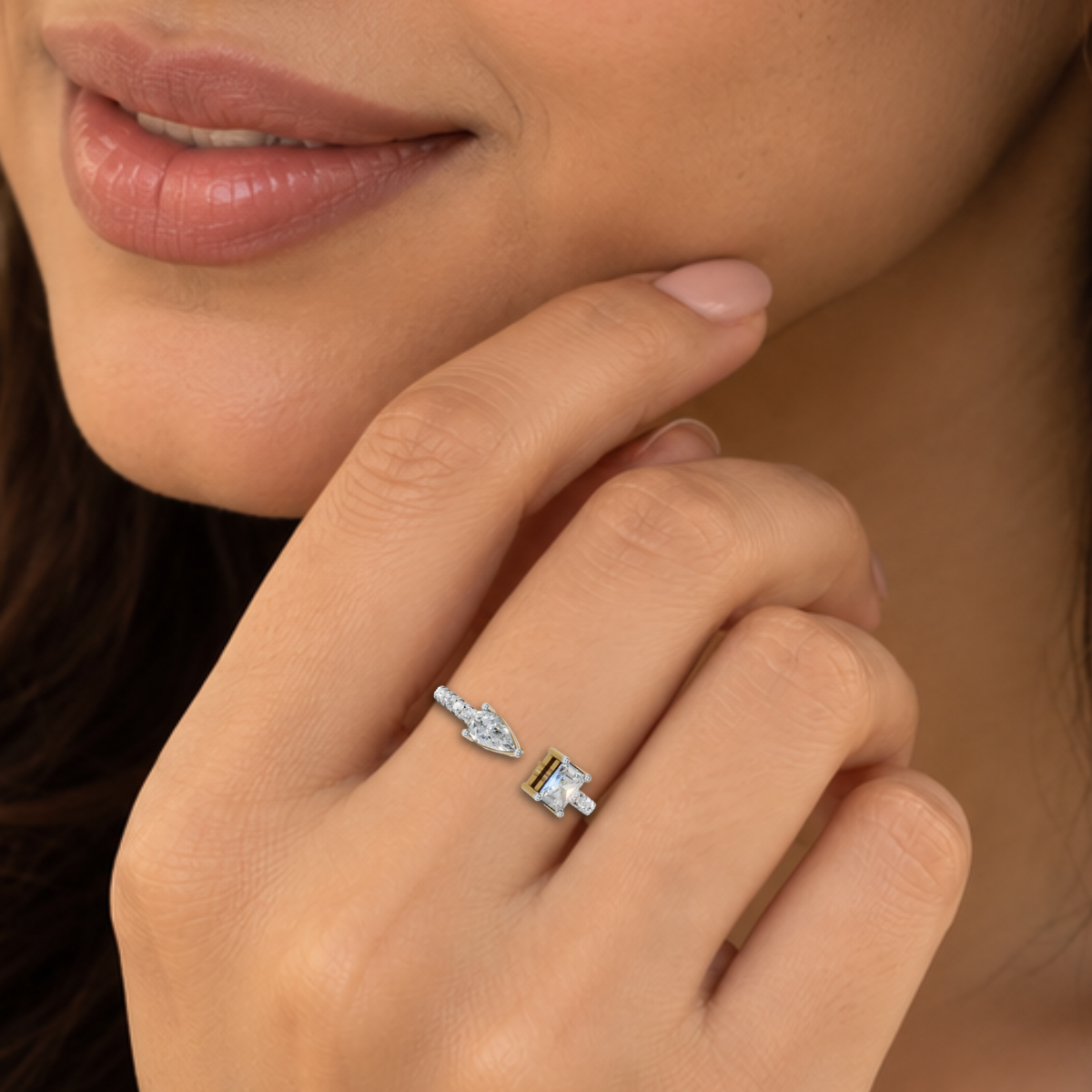 Avarta Sterling Silver Toi-Et-Moi Pear Emerald Cut Moissanite Ring