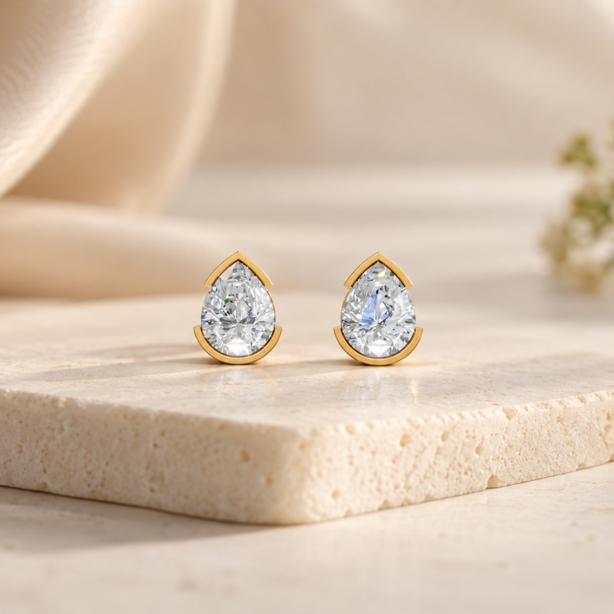 1.50 Carat Each Pear Shaped Moissanite in each earring | 9K, 14K, 18K Yellow Gold