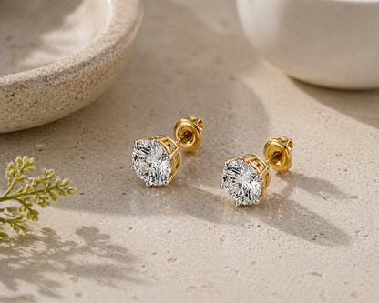 2 Carat Each Solitaire Stud Earrings in 925 Sterling Silver with Gold Plating | Push Back Closure | Avarta Jewellery