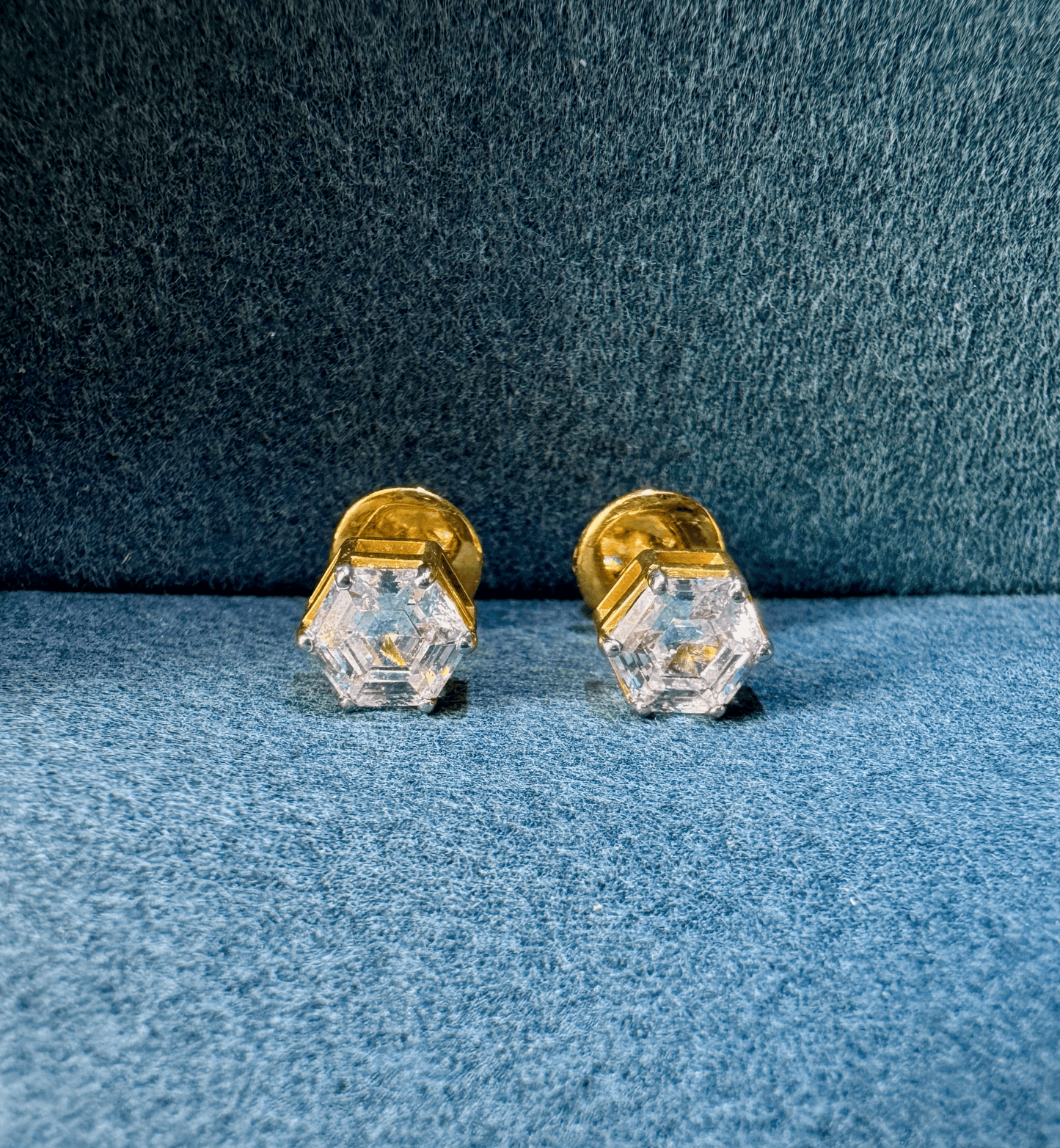 Hexagonal Diamond Solitaire Studs | Gold Over Silver 80 Cents Each Unisex Earrings