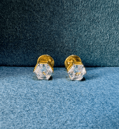 Hexagonal Diamond Solitaire Studs | Gold Over Silver 80 Cents Each Unisex Earrings