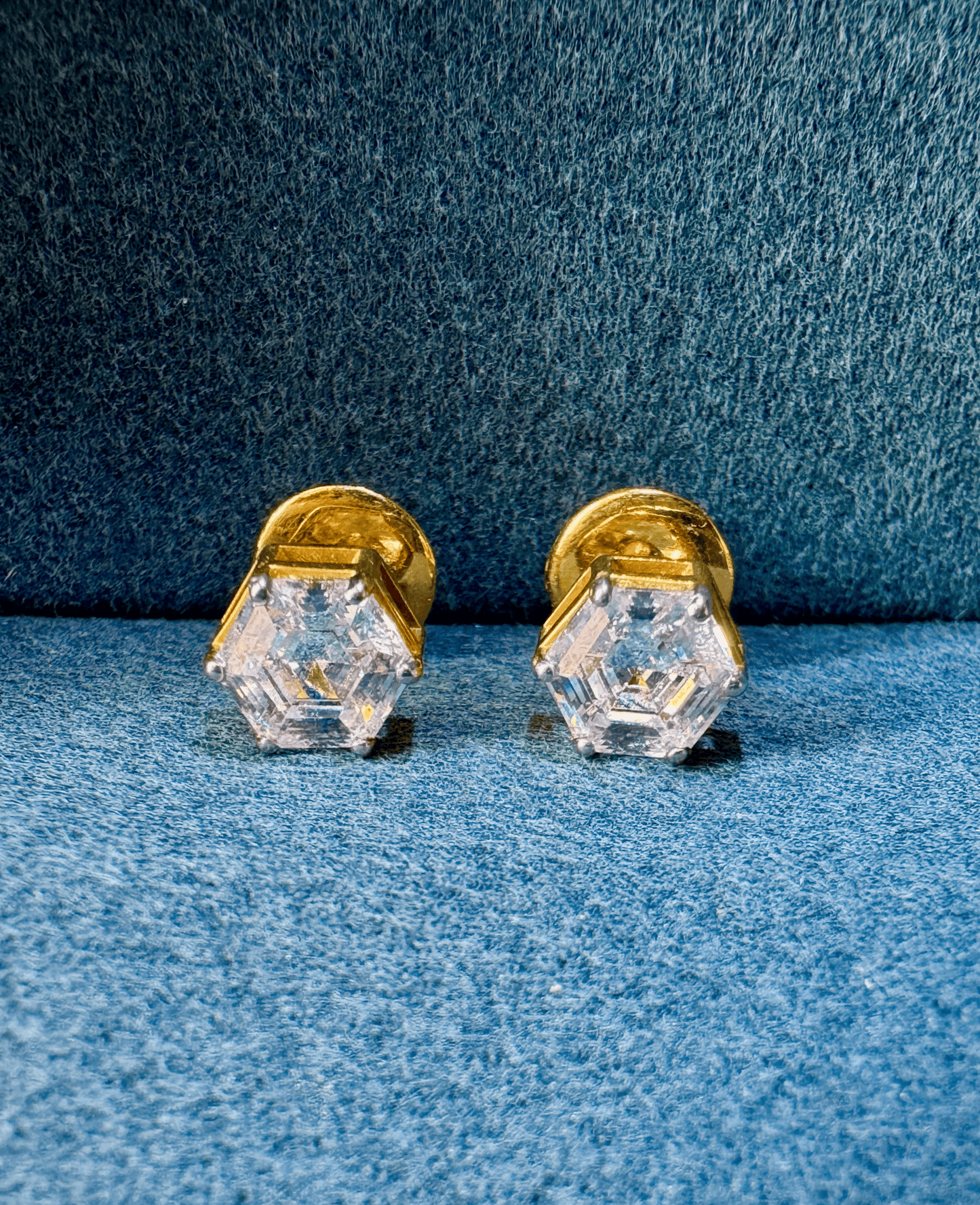 Hexagonal Diamond Solitaire Studs | Gold Over Silver 80 Cents Each Unisex Earrings