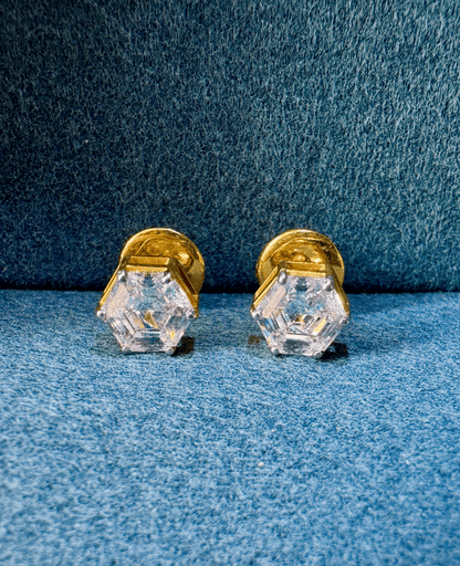 Hexagonal Diamond Solitaire Studs | Gold Over Silver 80 Cents Each Unisex Earrings