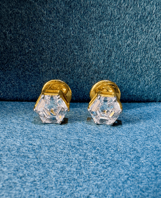 Unique Hexagonal Moissanite Solitaire Studs in 18K BIS Hallmarked Gold, 80 Cents Each, Unisex Designer Earrings by Avarta Jewellery