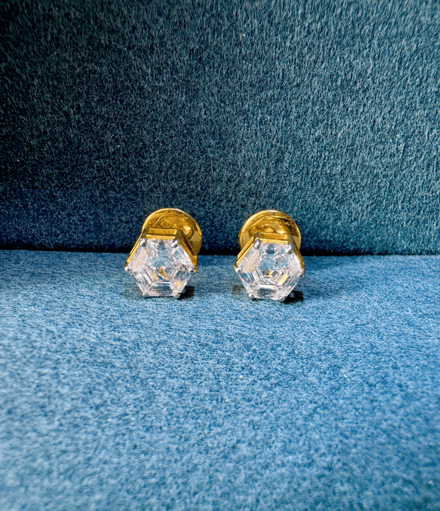Hexagonal Diamond Solitaire Studs | Gold Over Silver 80 Cents Each Unisex Earrings