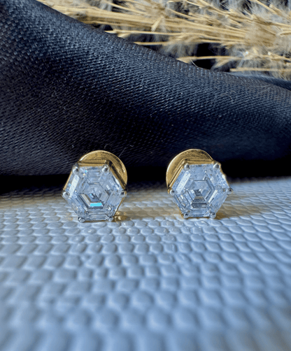 Hexagonal Diamond Solitaire Studs | Gold Over Silver 80 Cents Each Unisex Earrings
