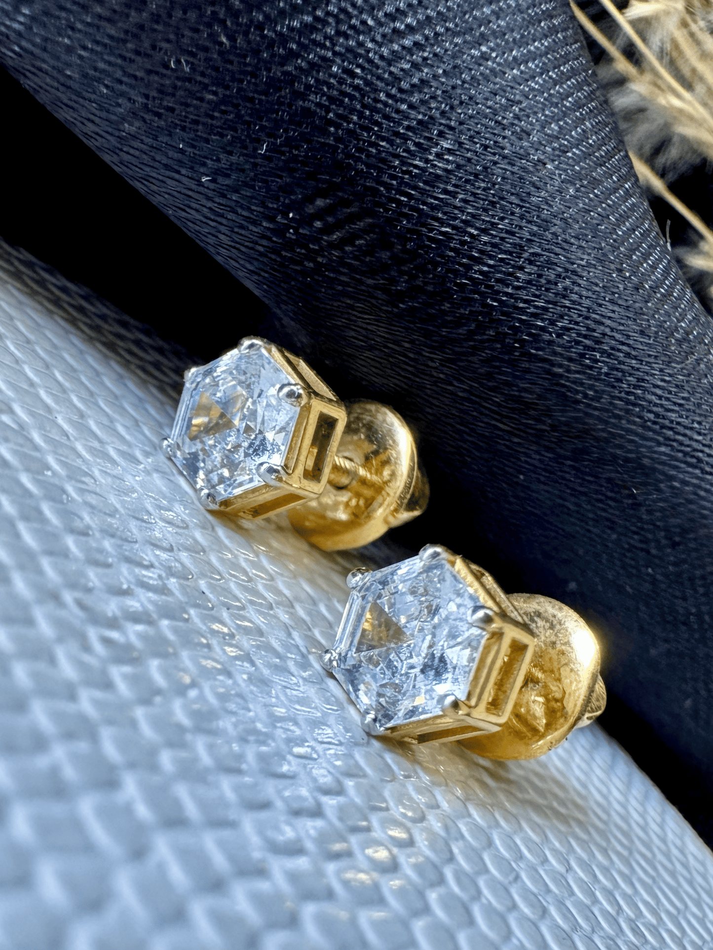 Hexagonal Diamond Solitaire Studs | Gold Over Silver 80 Cents Each Unisex Earrings
