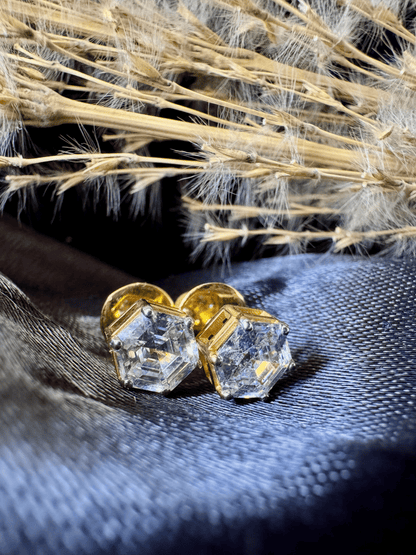 Hexagonal Diamond Solitaire Studs | Gold Over Silver 80 Cents Each Unisex Earrings