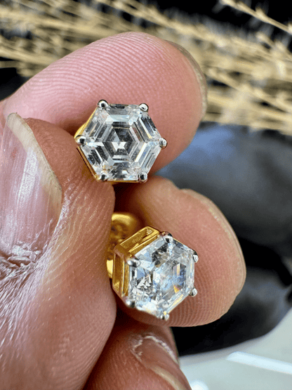 Hexagonal Diamond Solitaire Studs | Gold Over Silver 80 Cents Each Unisex Earrings
