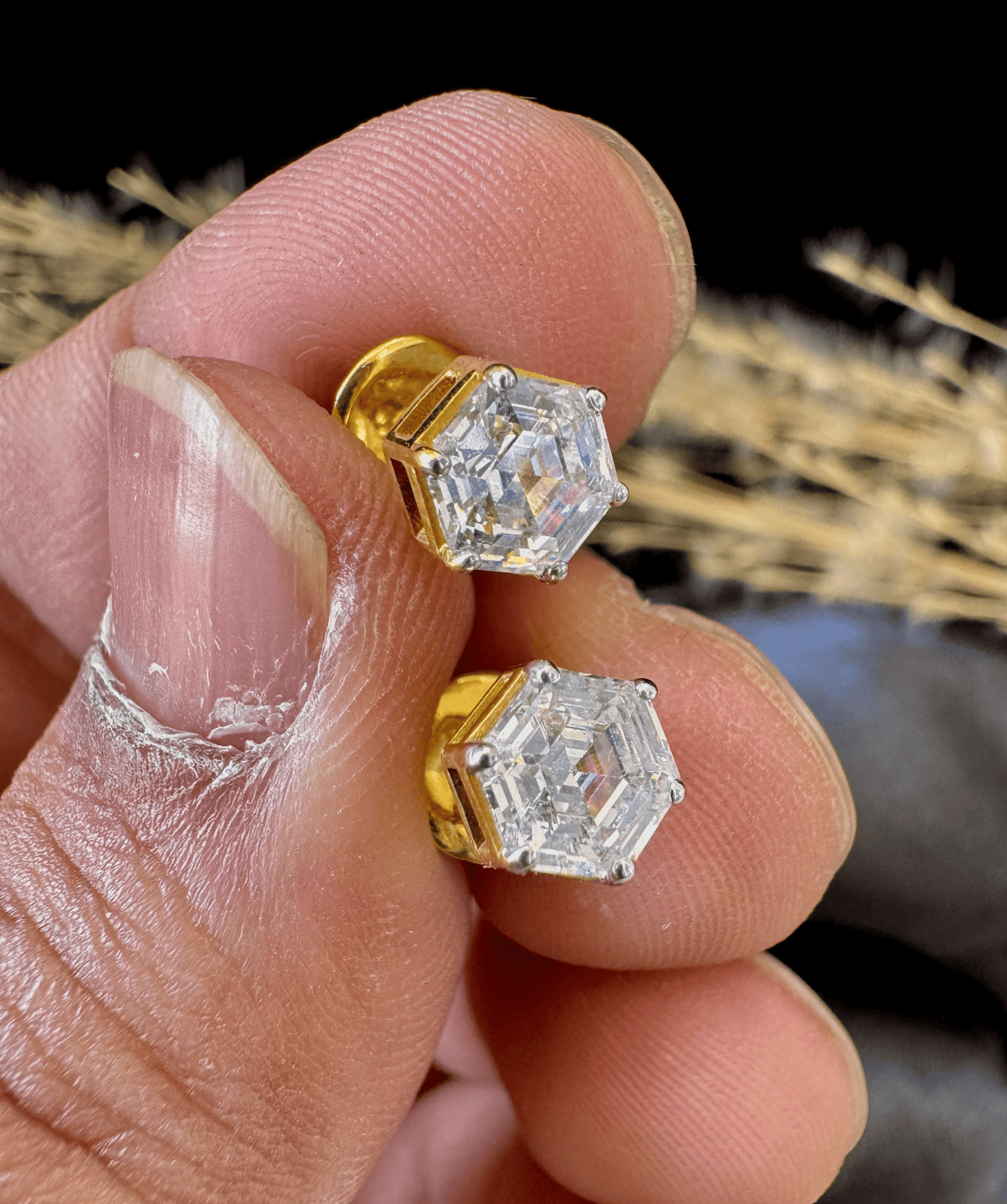 Hexagonal Diamond Solitaire Studs | Gold Over Silver 80 Cents Each Unisex Earrings
