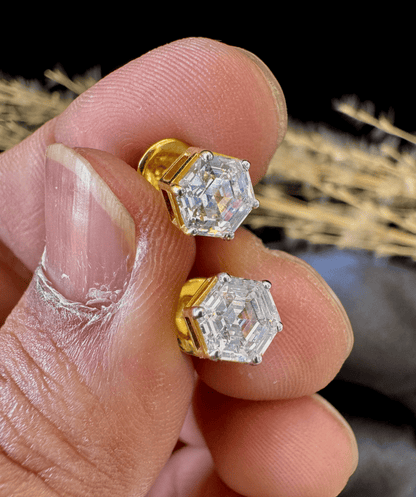 Hexagonal Diamond Solitaire Studs | Gold Over Silver 80 Cents Each Unisex Earrings