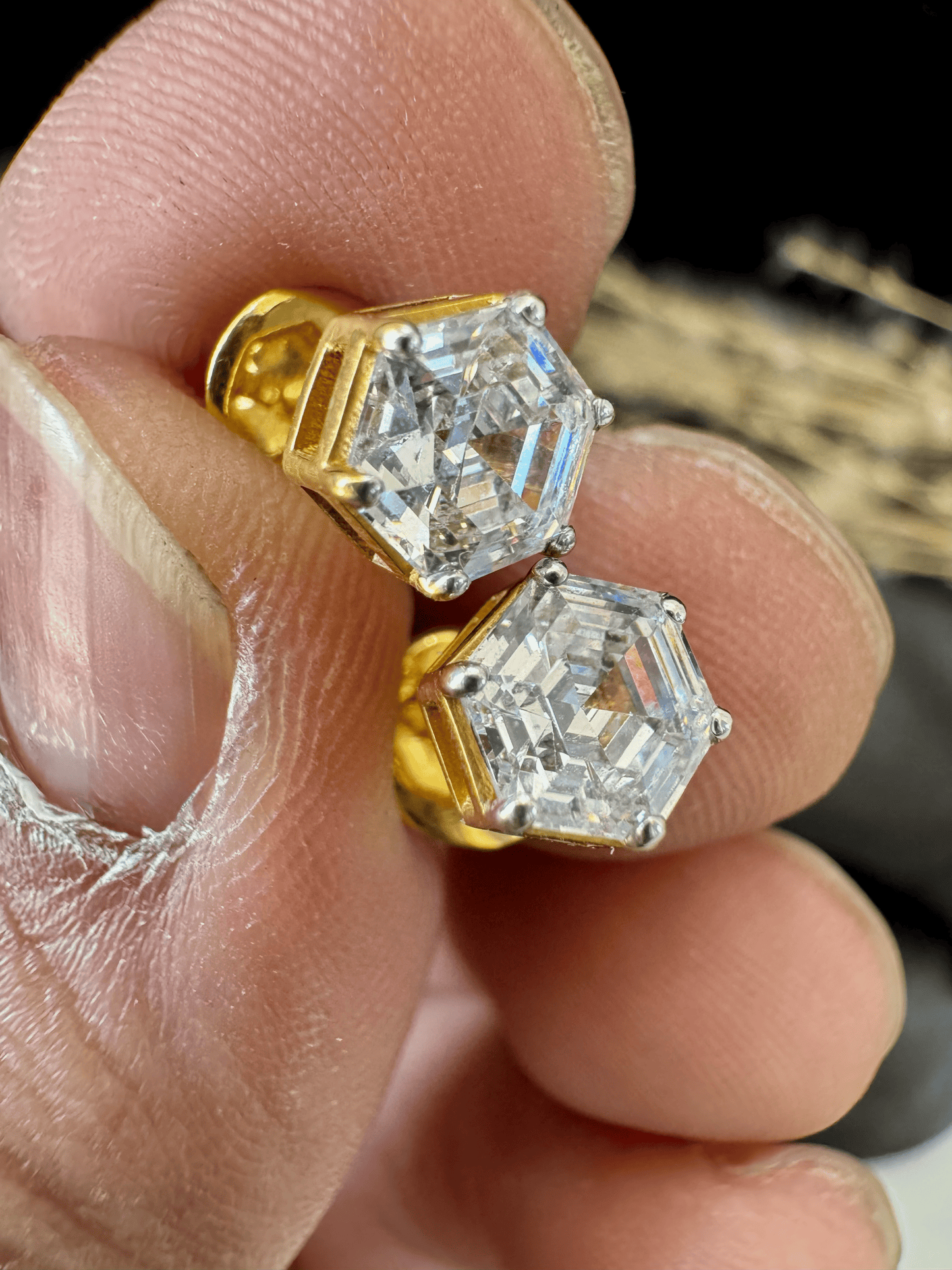 Hexagonal Diamond Solitaire Studs | Gold Over Silver 80 Cents Each Unisex Earrings