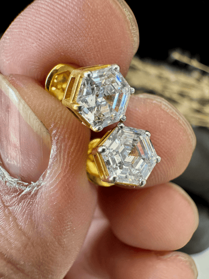 Hexagonal Diamond Solitaire Studs | Gold Over Silver 80 Cents Each Unisex Earrings