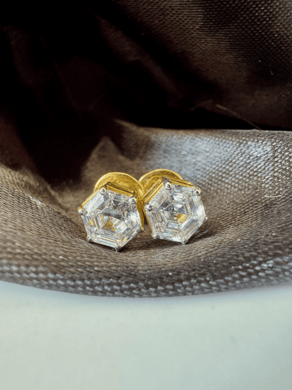 Hexagonal Diamond Solitaire Studs | Gold Over Silver 80 Cents Each Unisex Earrings