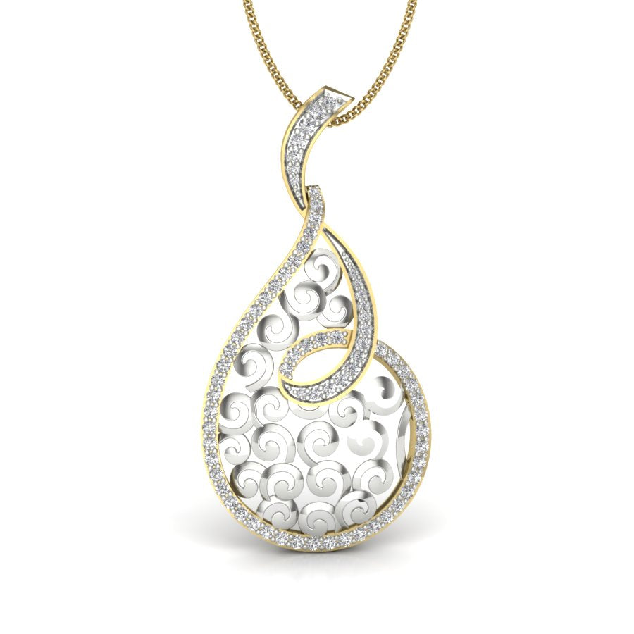 9K-14K-18K Gold Radiant Two Tone Teardrop Ancient Design Pendant - Golden Curves Adorned with Diamond Fire by Avarta Jewellery
