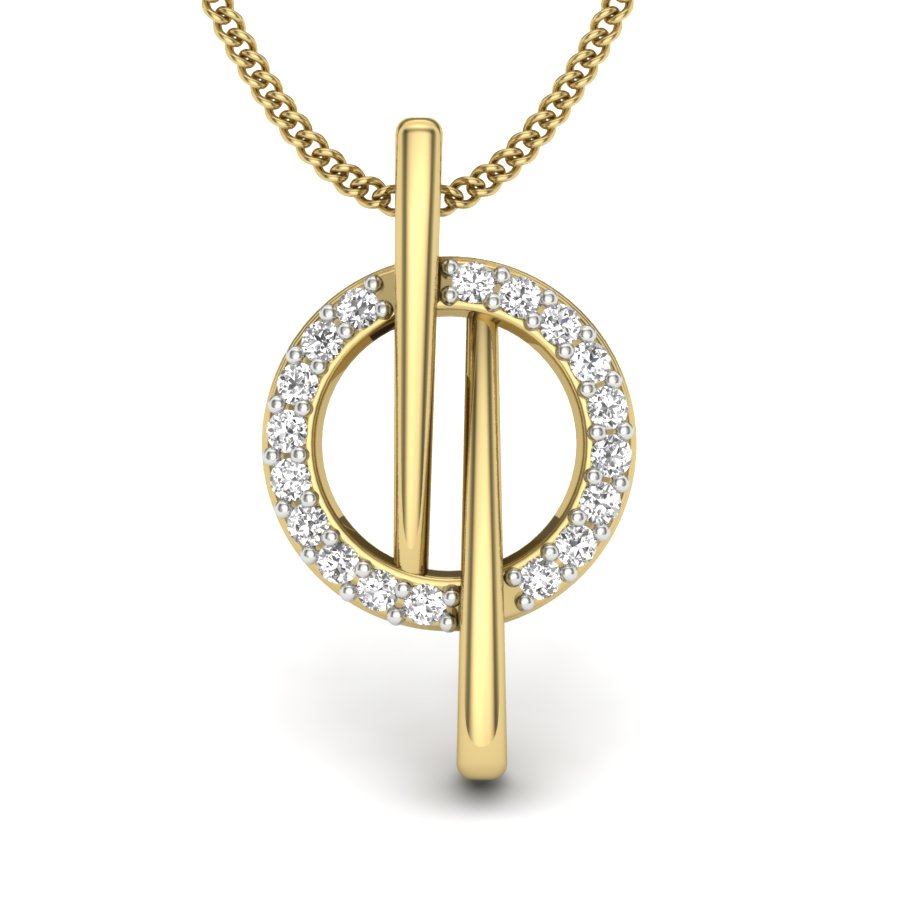 9K|14K|18K Gold Sleek Bar Through Diamond Halo Circle Pendant - Minimalist Chic Everyday Luxury
