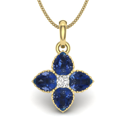 Royal Midnight Sapphire Pendant, Lab Grown Blue Sapphire & Diamond Flower Necklace in 9K/14K/18K Gold | Luxurious Floral Jewelry