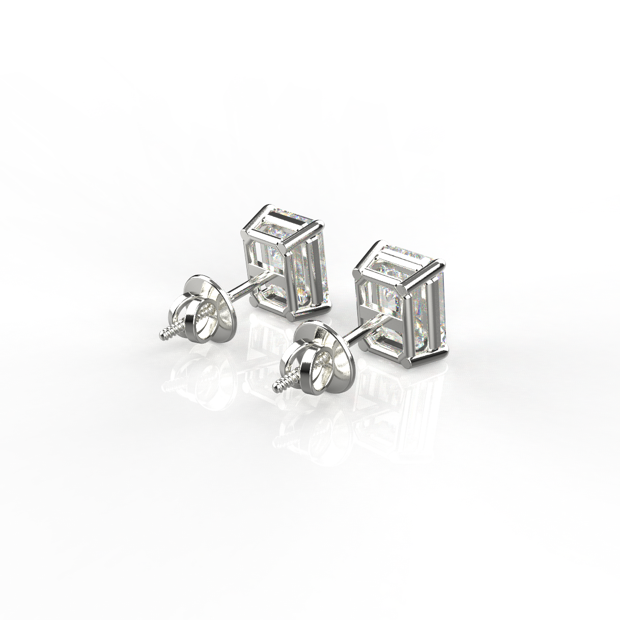 Avarta Sterling Silver 1 Carat Each Emerald Cut Solitaire Stud Earrings With White Gold Polish