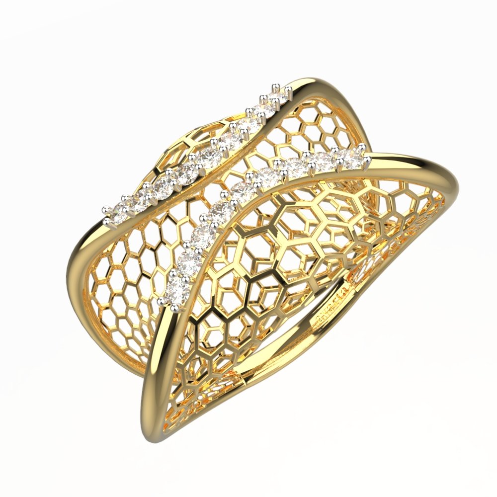 Avarta Jewellery 18K Yellow Gold Jali Net Ring With Cubic Zirconia For Girls &amp; Women