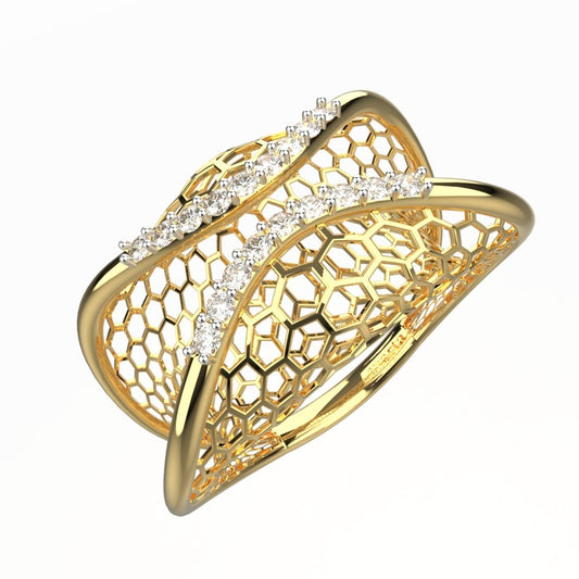 Avarta Jewellery 18K Yellow Gold Jali Net Ring With Cubic Zirconia For Girls &amp; Women