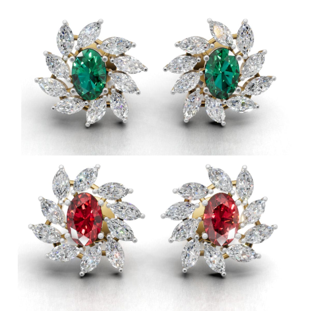 Avarta Gold Diamond Stud Earrings with Ruby Emerald